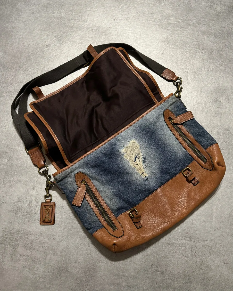 2000s Dolce & Gabbana Leather & Distressed Denim Shoulder Bag - Image 6