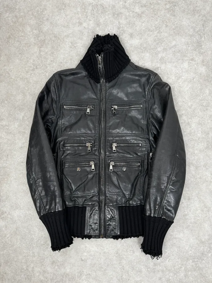 2000s Dolce & Gabbana Multi-Zip Black Leather Distressed Jacket