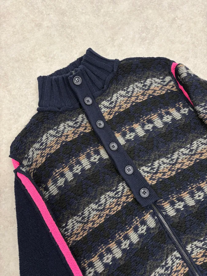 2000s Dolce & Gabbana Navy Abstract & Pink Wool Zip-up Sweater - Image 5