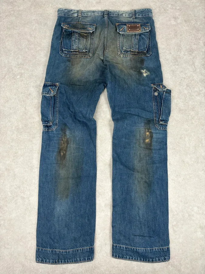 2000s Dolce & Gabbana Navy Dirty Effect Denim Cargo Jeans - Image 6