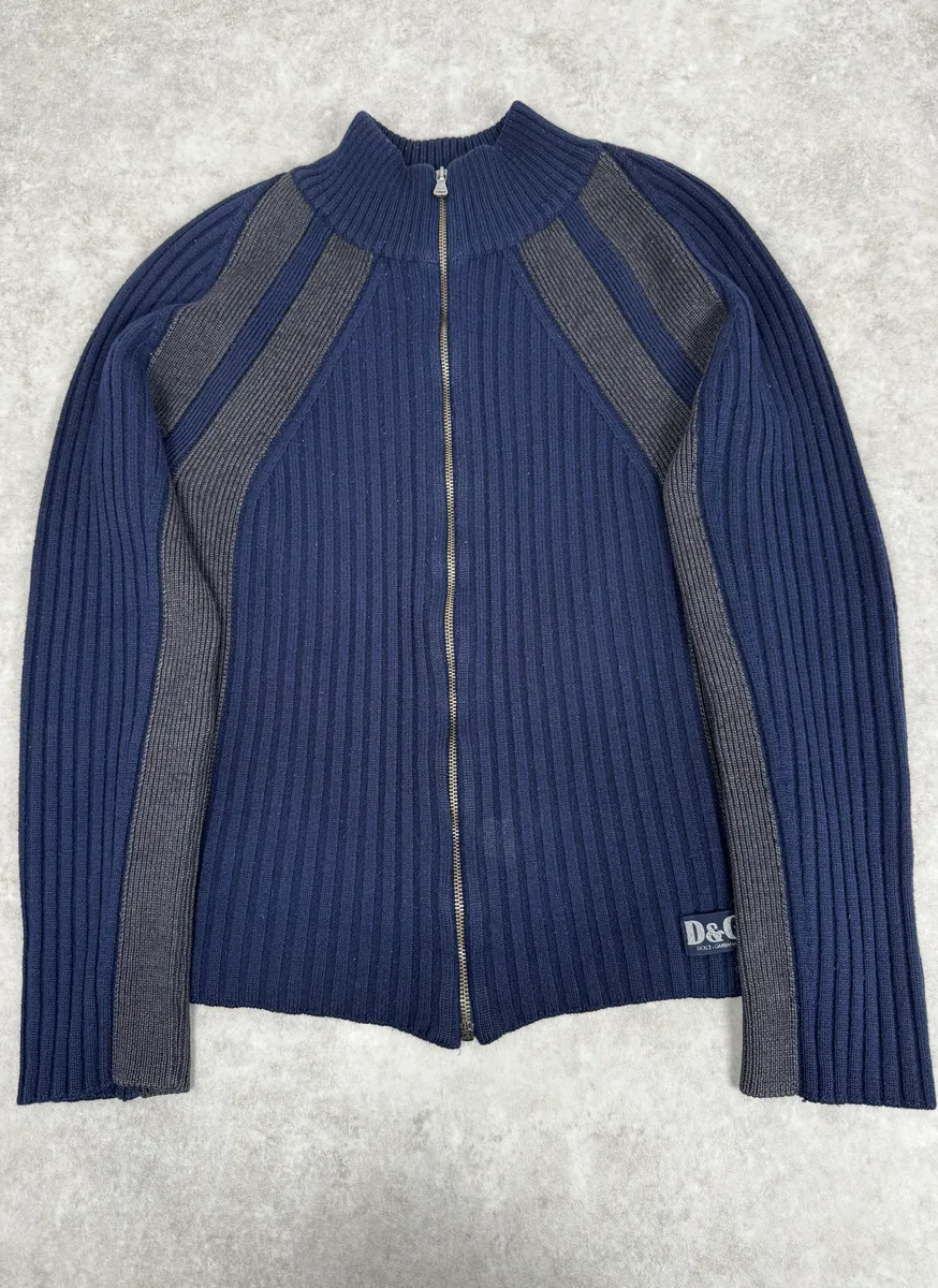 2000s Dolce & Gabbana Navy Grey Lines Turtle Neck Wool Zip-Up