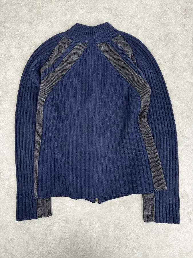 2000s Dolce & Gabbana Navy Grey Lines Turtle Neck Wool Zip-Up - Image 2