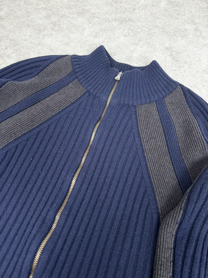 2000s Dolce & Gabbana Navy Grey Lines Turtle Neck Wool Zip-Up - Image 3