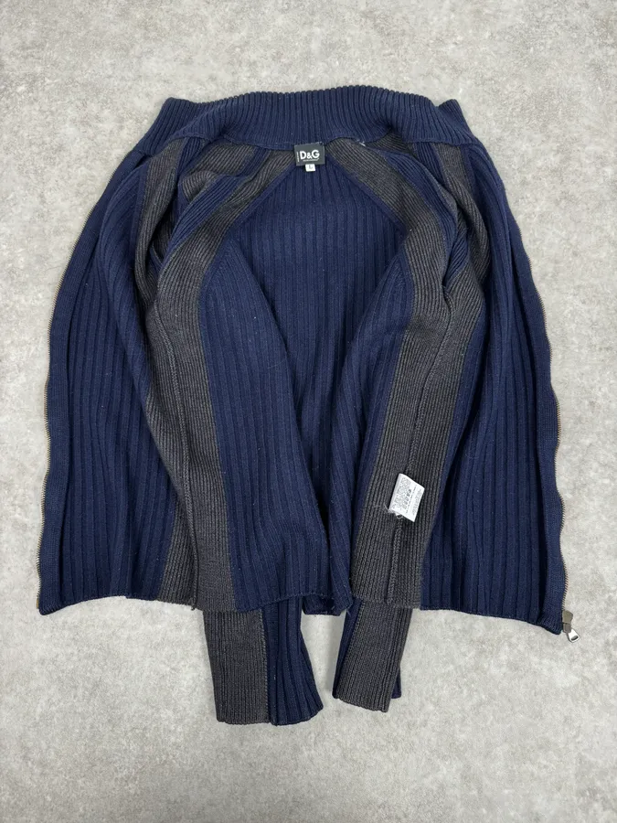 2000s Dolce & Gabbana Navy Grey Lines Turtle Neck Wool Zip-Up - Image 5