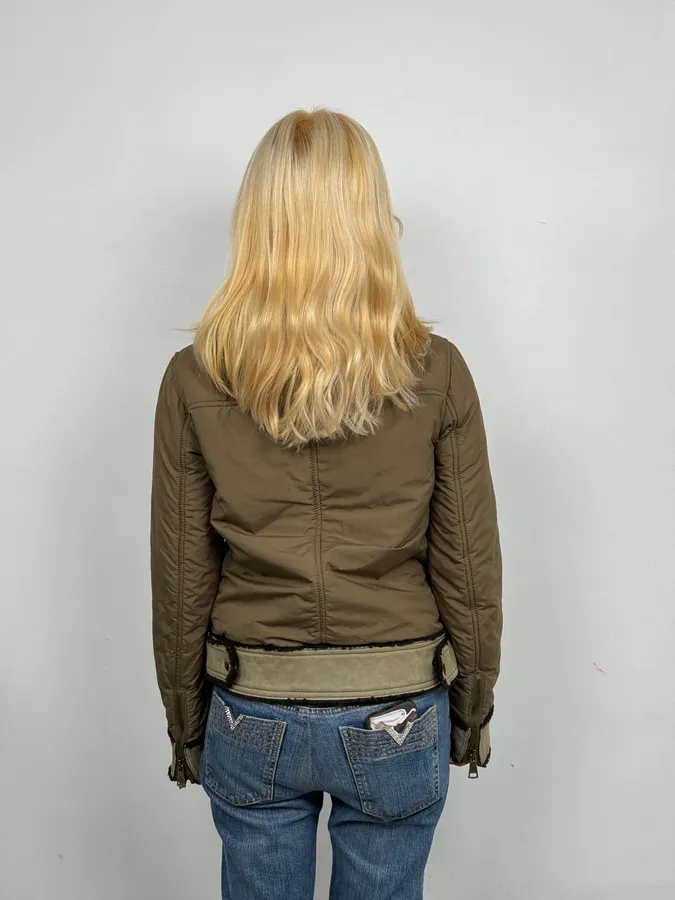 2000s Dolce & Gabbana Olive Green Nylon Fur Collar Leather Jacket - Image 3