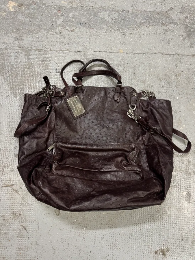 2000s Dolce & Gabbana Ostrich Effect Brown Leather Bag - Image 4