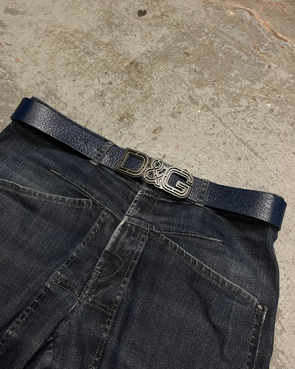 2000s Dolce & Gabbana Propaganda Buckle Navy Leather Belt - Image 3