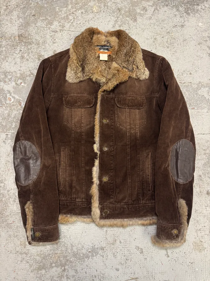 2000s Dolce & Gabbana Rabbit Fur Corduroy Brown Jacket - Image 5