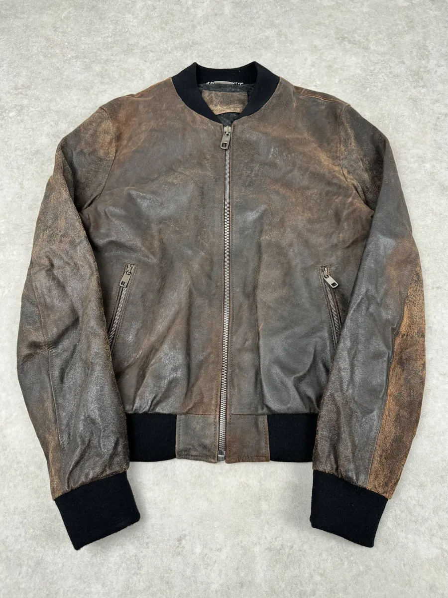 2000s Dolce & Gabbana Raw Brown Leather Bomber Jacket