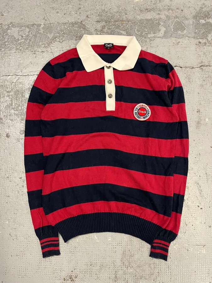 2000s Dolce & Gabbana Red & Navy Cotton Striped Polo
