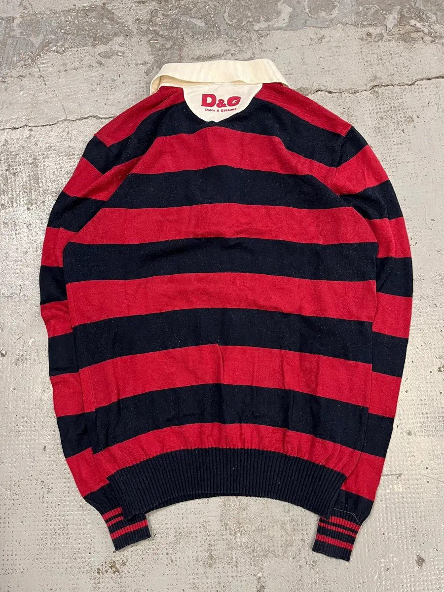 2000s Dolce & Gabbana Red & Navy Cotton Striped Polo - Image 7