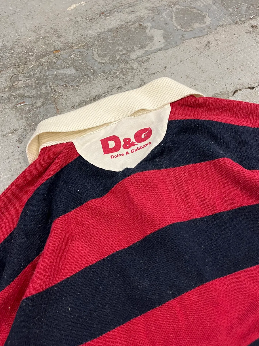 2000s Dolce & Gabbana Red & Navy Cotton Striped Polo - Image 8