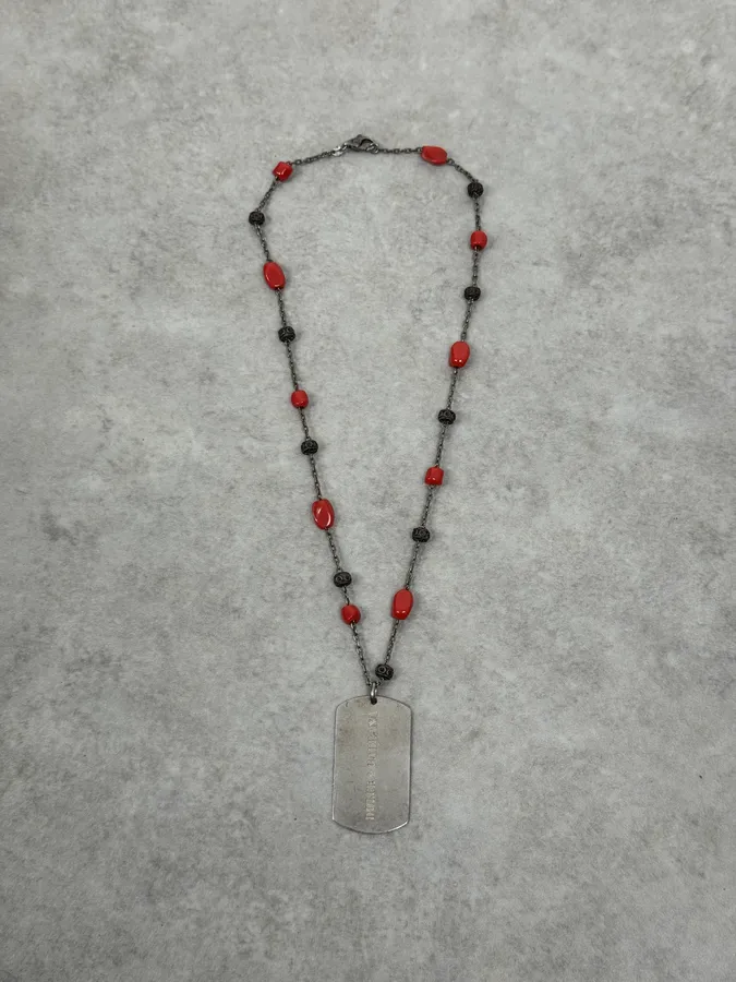 2000s Dolce & Gabbana Red Pearls Dog Tag Silver Necklace - Image 3