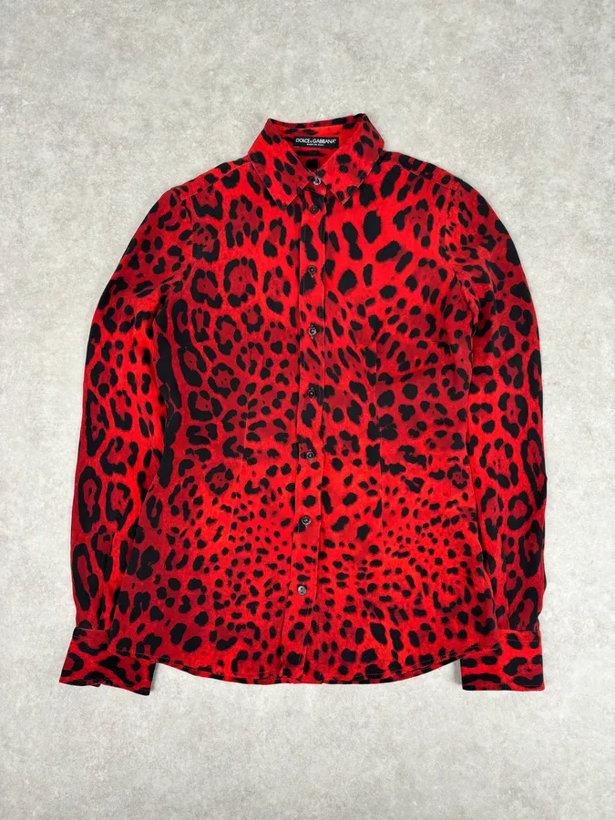 2000s Dolce & Gabbana Red Silk Leopard Print Shirt