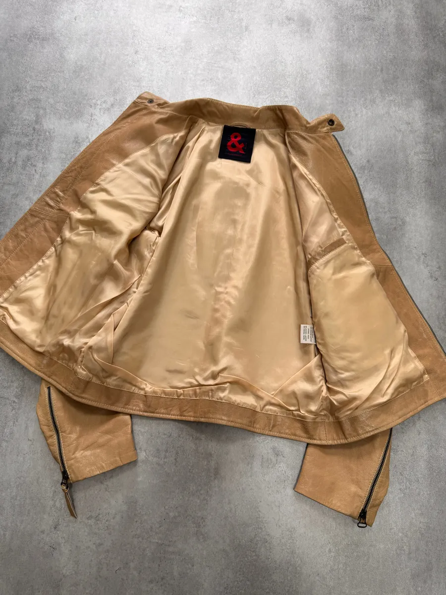 2000s Dolce & Gabbana Red Stripes Beige Leather Biker Jacket - Image 5