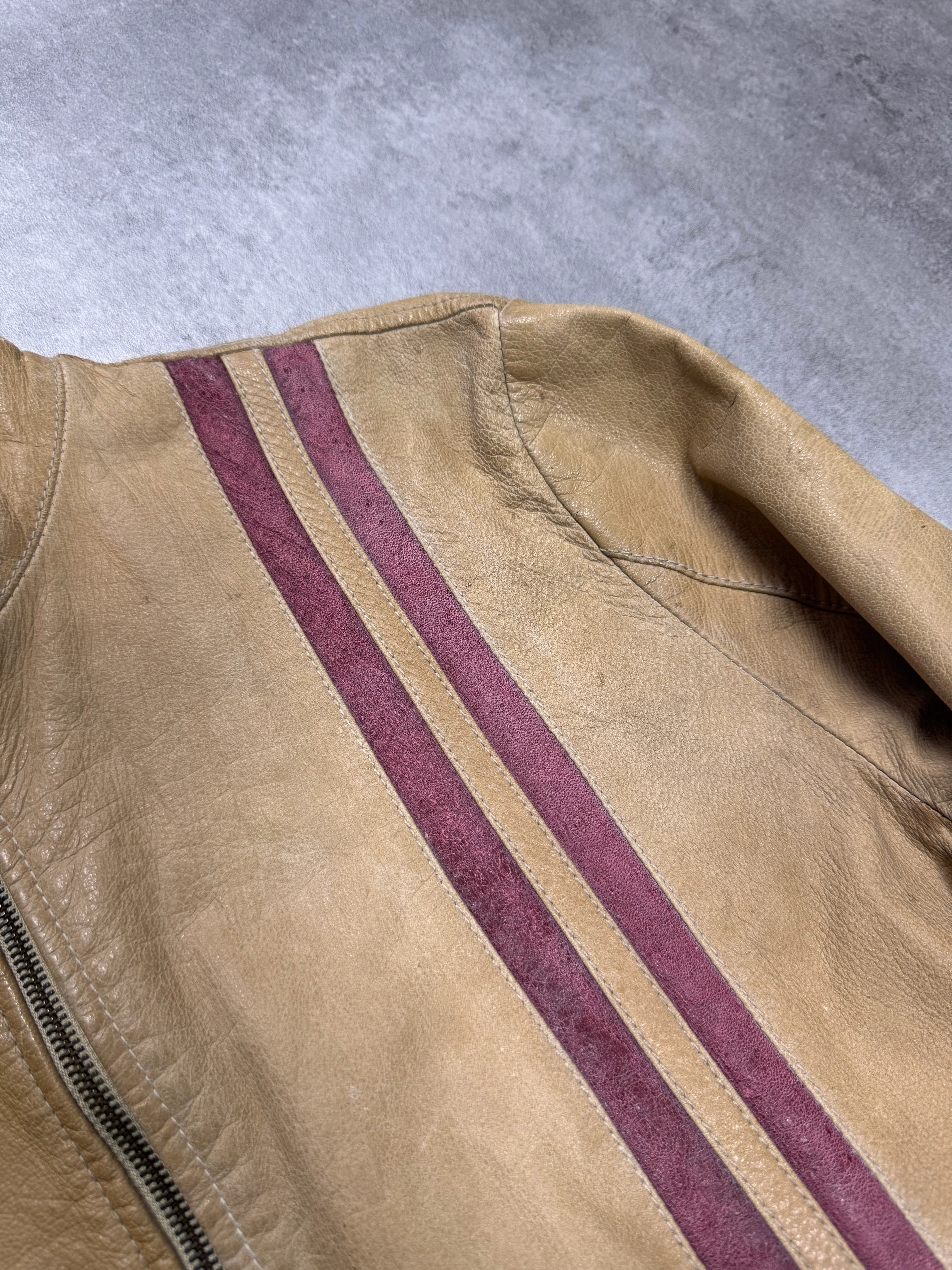 2000s Dolce & Gabbana Red Stripes Beige Leather Biker Jacket - Image 3