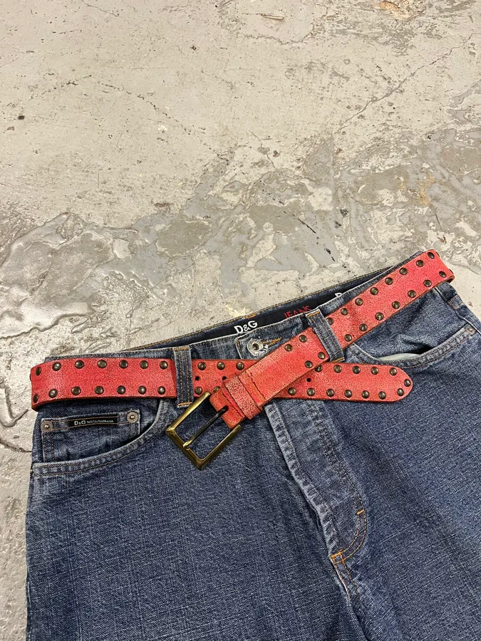 2000s Dolce & Gabbana Red Studded Leather Belt - Image 3