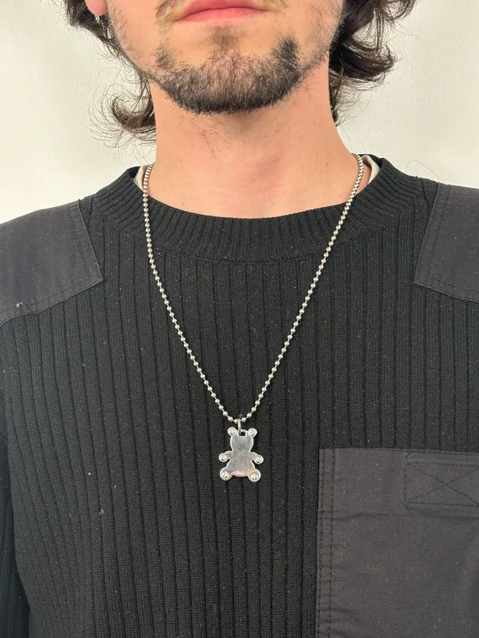2000s Dolce & Gabbana Silver Steel Teddy Bear Pendant Ball Chain Necklace - Image 2