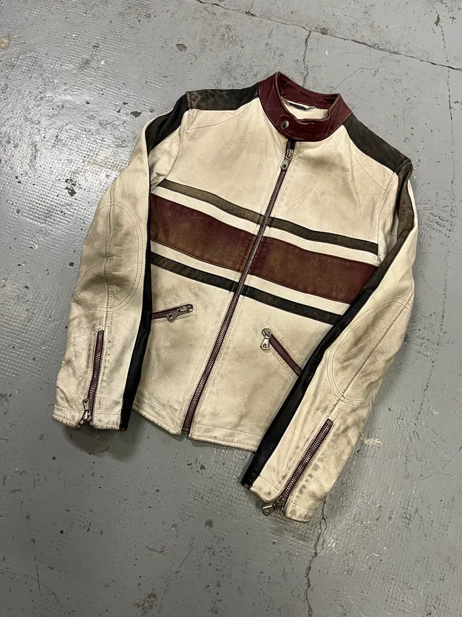 2000s Dolce & Gabbana Striped Eroded Cream Leather Moto Jacket - Image 4