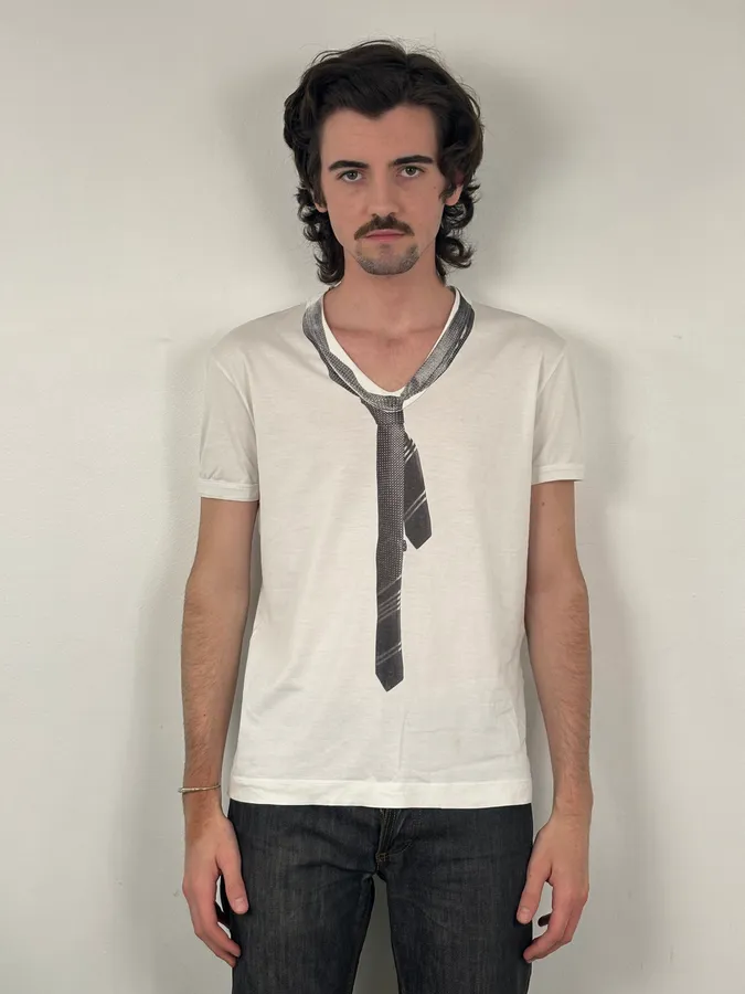 2000s Dolce & Gabbana White Tie Trompe Loeil T-Shirt - Image 2
