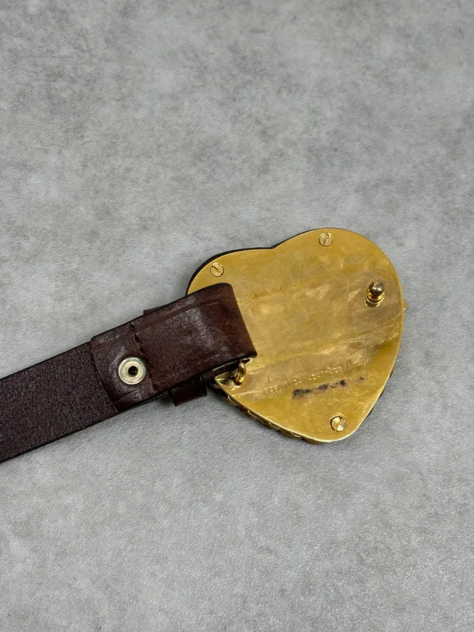 2000s Dsquared2 Gold Logo Heart Buckle Brown Leather Belt - Image 9