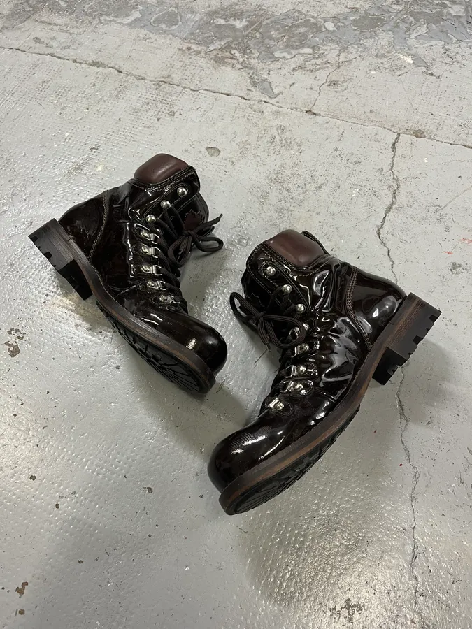 2000s Dsquared2 Hiking Brown Patent Leather Boots - Image 2