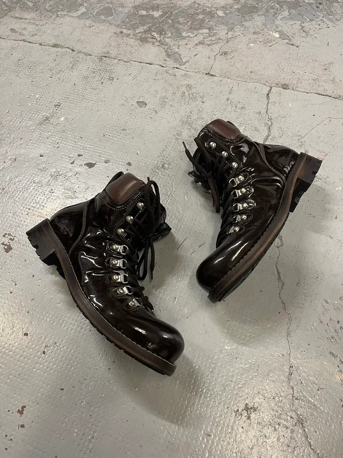 2000s Dsquared2 Hiking Brown Patent Leather Boots - Image 3