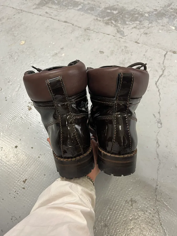 2000s Dsquared2 Hiking Brown Patent Leather Boots - Image 6