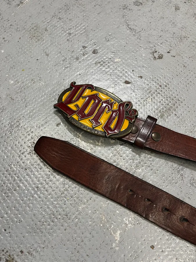 2000s Dsquared2 Lord Yellow Buckle Brown Leather Belt - Image 5