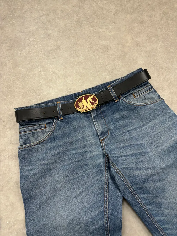 2000s Dsquared2 Silouhette Bordeaux Buckle Black Leather Belt