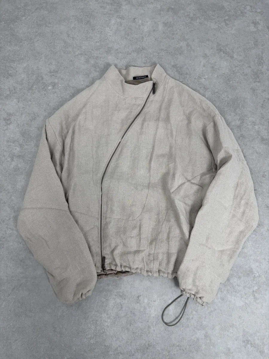 2000s Emporio Armani Asymmetrical Zip Samurai Beige Linen Jacket