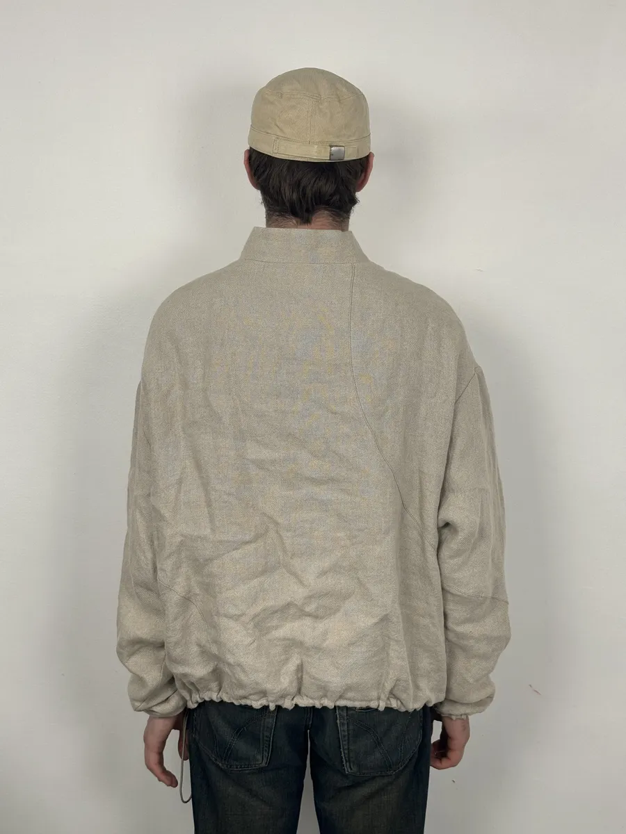 2000s Emporio Armani Asymmetrical Zip Samurai Beige Linen Jacket - Image 3