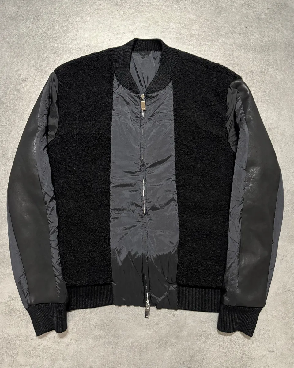 2000s Emporio Armani Black Bomber Hybride Leather Arms Jacket