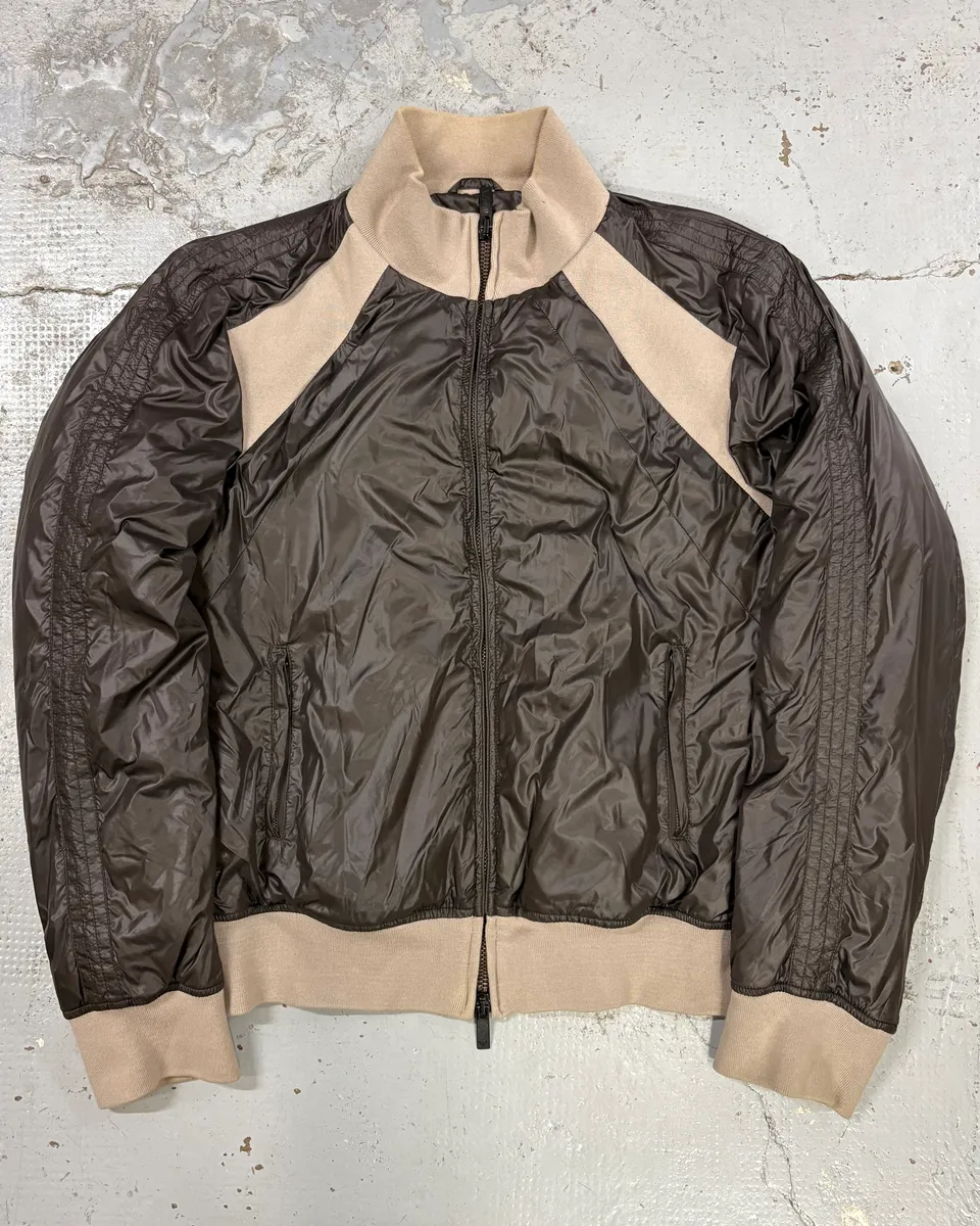 2000s Emporio Armani Brown Nylon Contrast Collar Bomber Jacket
