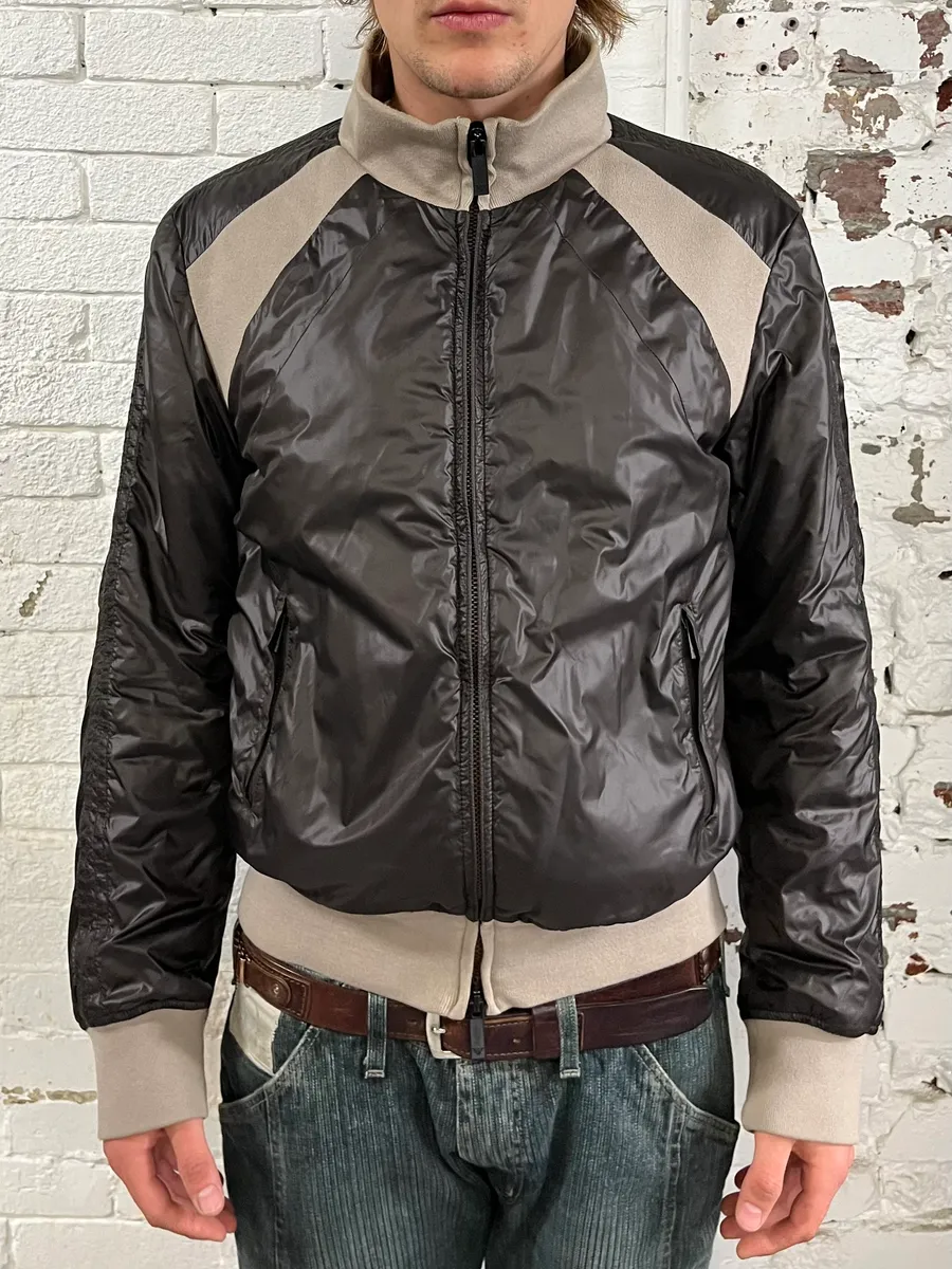 2000s Emporio Armani Brown Nylon Contrast Collar Bomber Jacket - Image 2