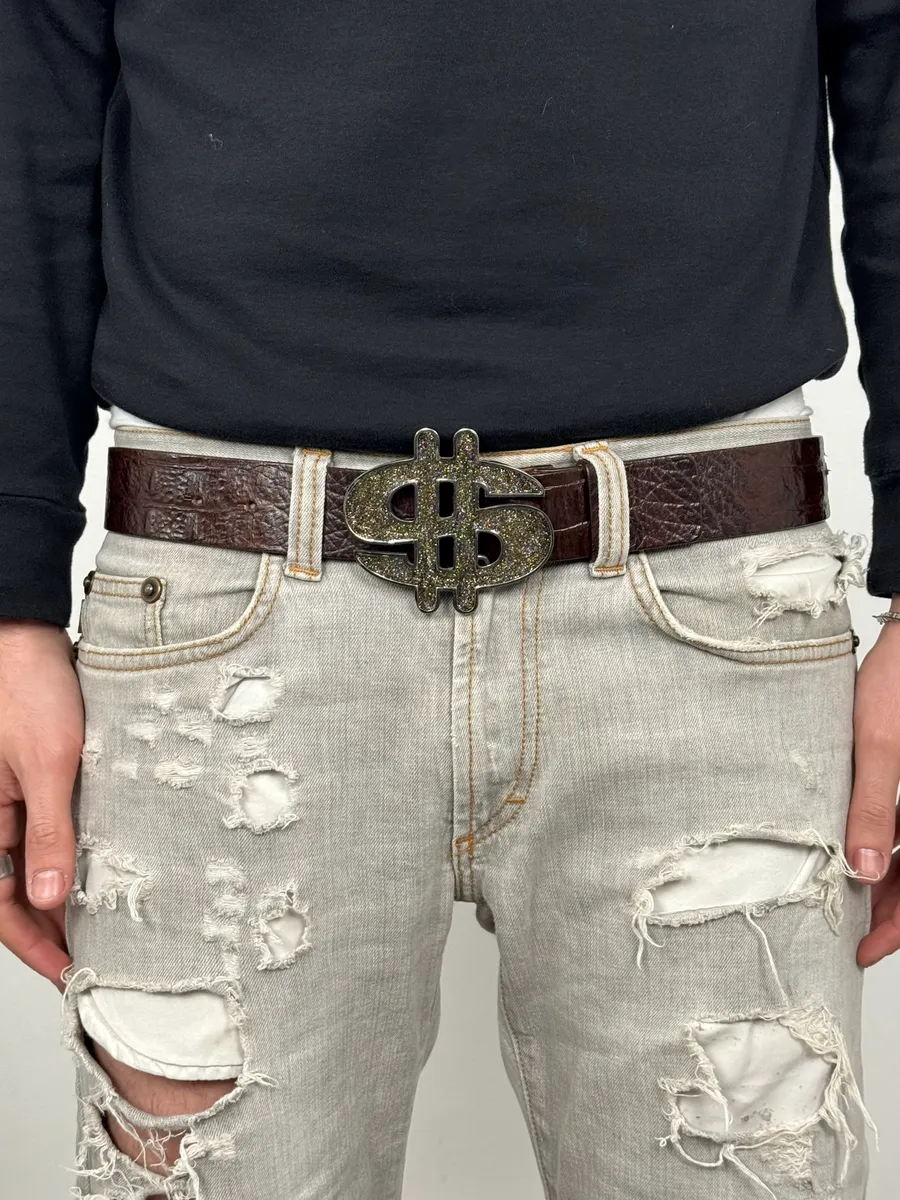 2000s Emporio Armani Dollar Buckle Crocodile Effect Brown Leather Belt