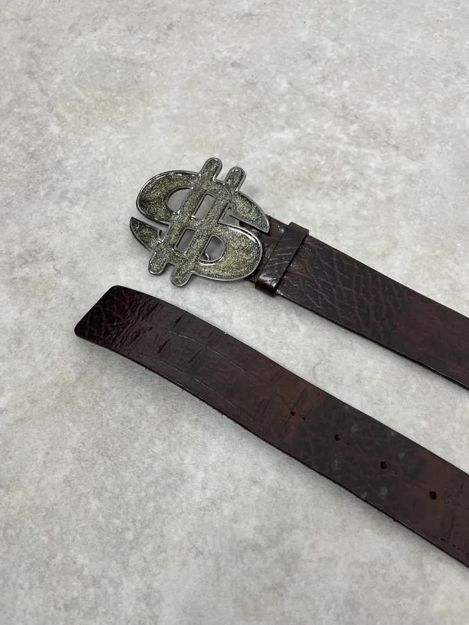 2000s Emporio Armani Dollar Buckle Crocodile Effect Brown Leather Belt - Image 3
