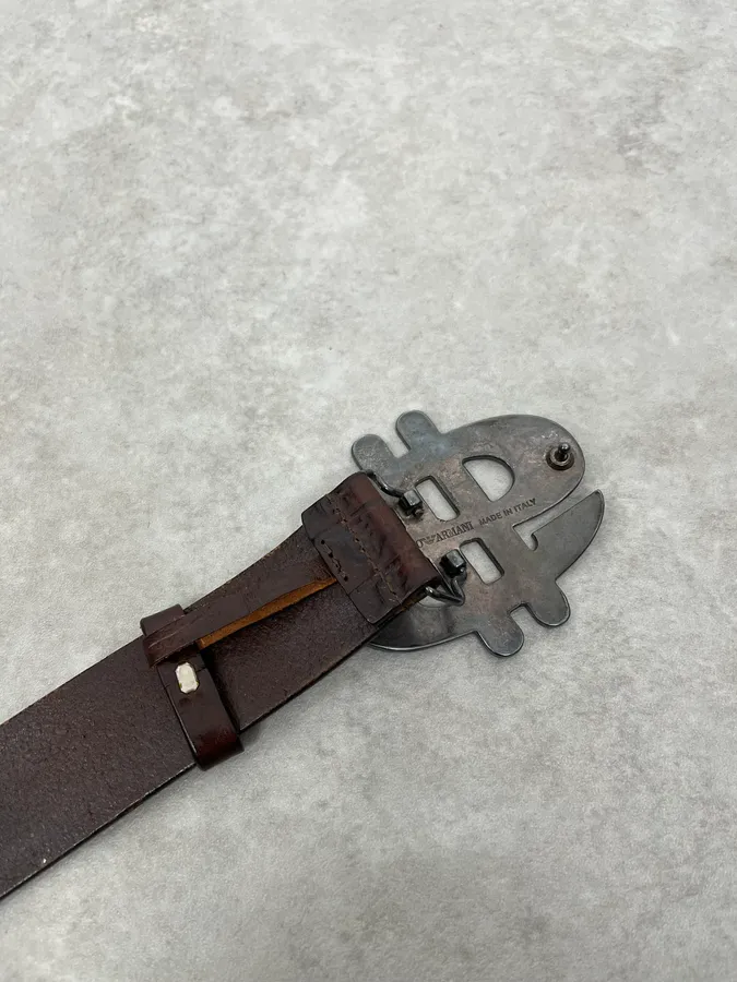 2000s Emporio Armani Dollar Buckle Crocodile Effect Brown Leather Belt - Image 7