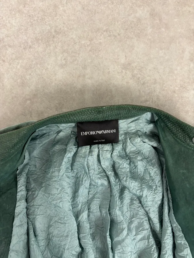 2000s Emporio Armani Green Leather Biker Asymmetrical Jacket - Image 11