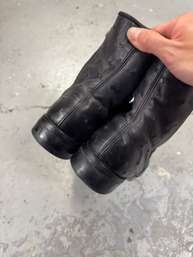 2000s Emporio Armani Ostrich Embossed Black Leather Boots - Image 5