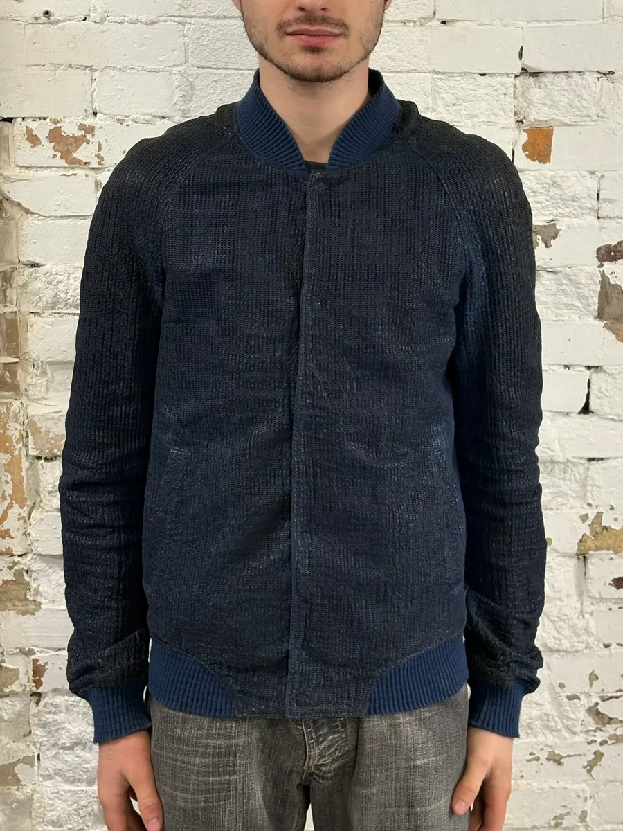 2000s Emporio Armani Perforated Navy Leather Bomber Jacket