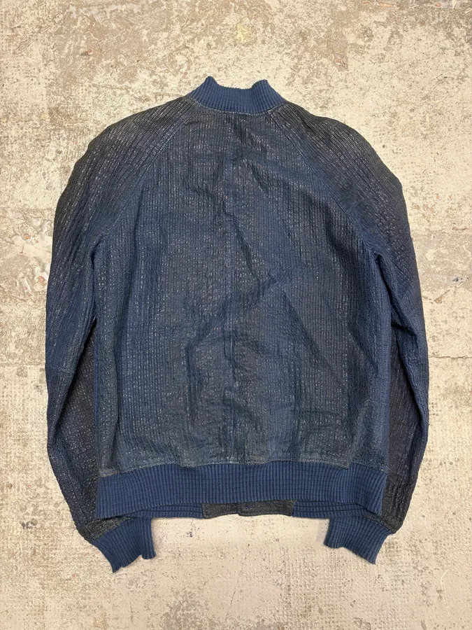 2000s Emporio Armani Perforated Navy Leather Bomber Jacket - Image 6