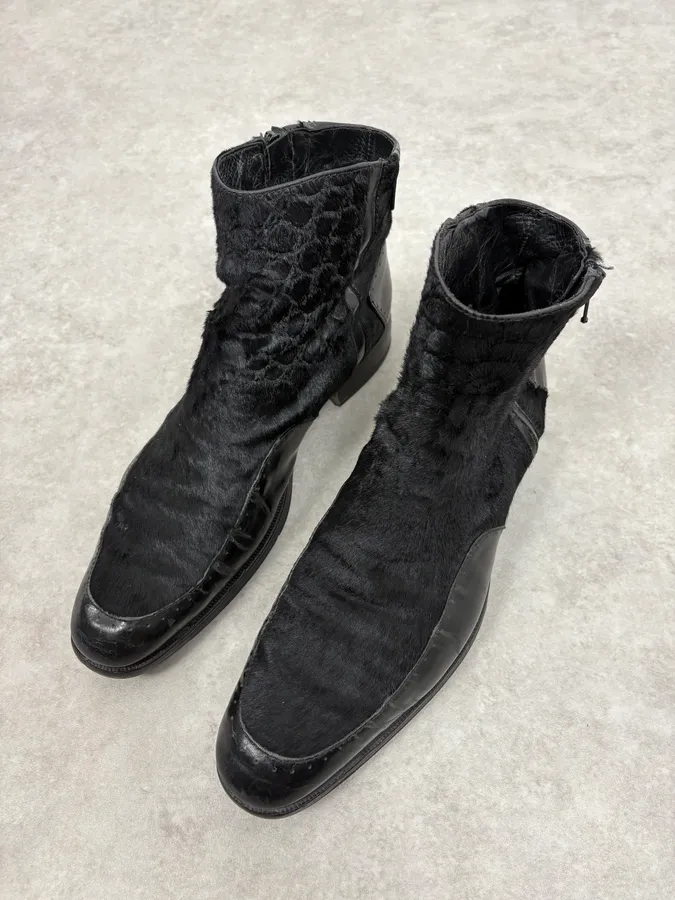 2000s Emporio Armani Pony Hair Black Leather Boots - Image 3