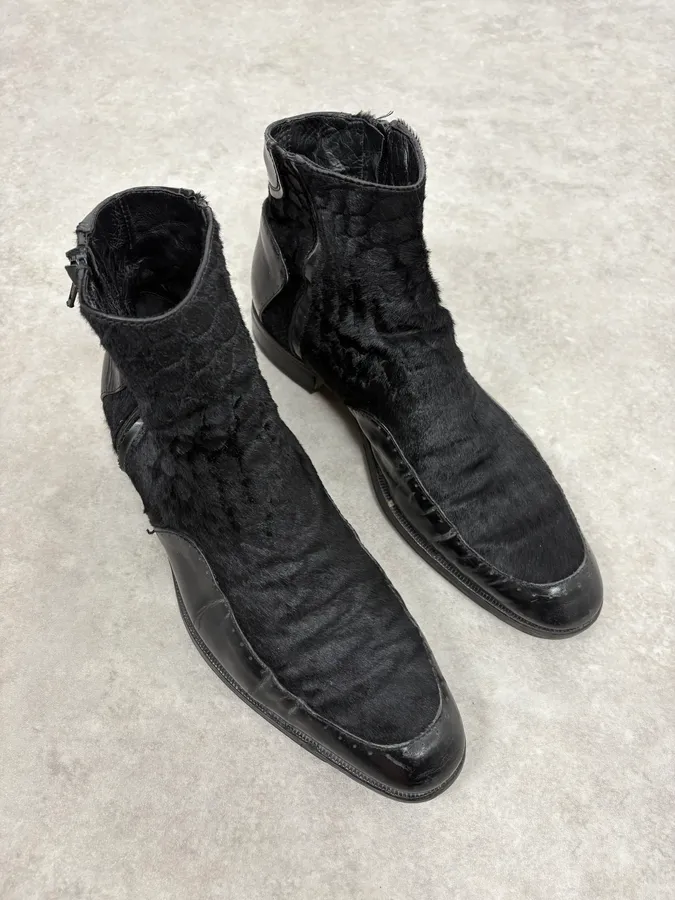 2000s Emporio Armani Pony Hair Black Leather Boots - Image 4