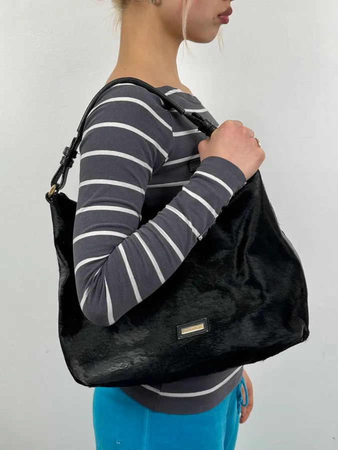 2000s Emporio Armani Pony Hair Black Leather Handle Bag - Image 2