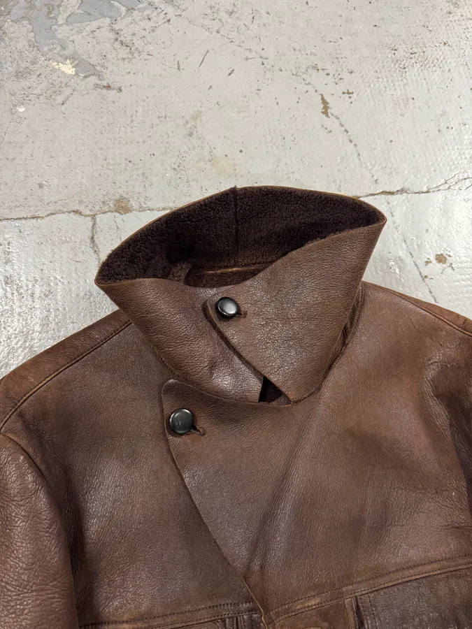 2000s Emporio Armani Pure Brown Aviator Shearling Leather Jacket - Image 5