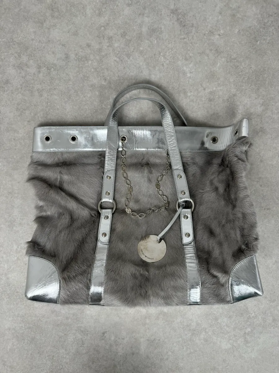 2000s Emporio Armani Silver Fur Leather Handle Bag