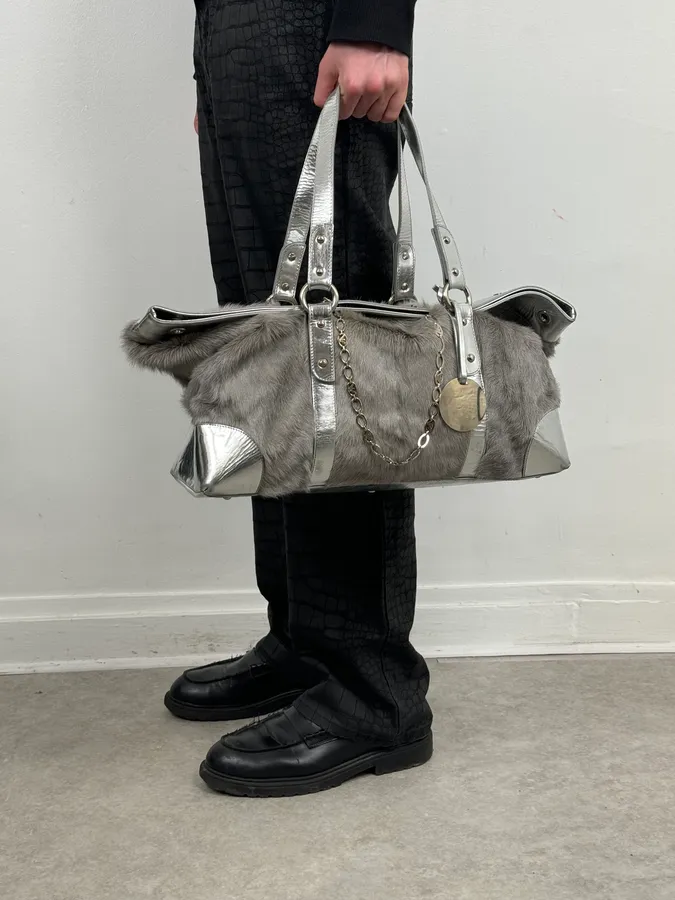 2000s Emporio Armani Silver Fur Leather Handle Bag - Image 2