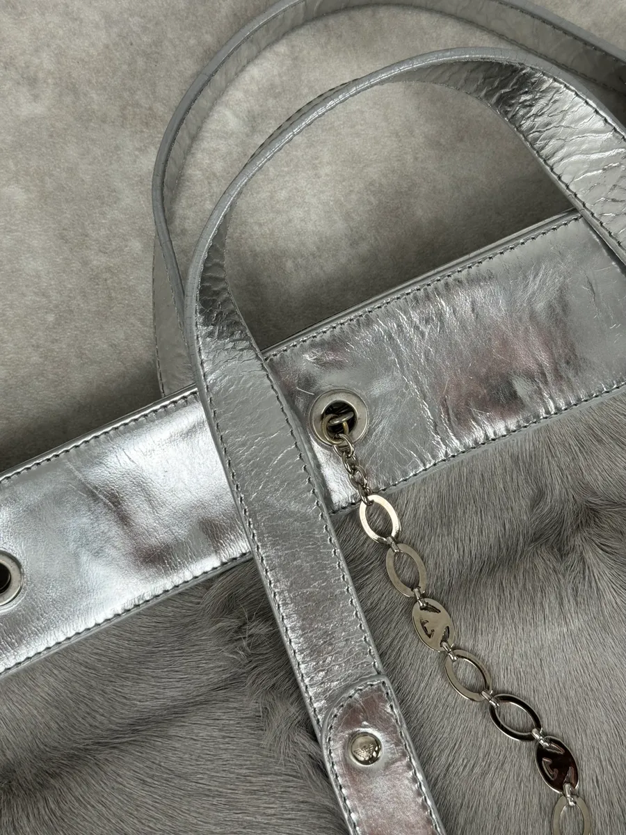 2000s Emporio Armani Silver Fur Leather Handle Bag - Image 4