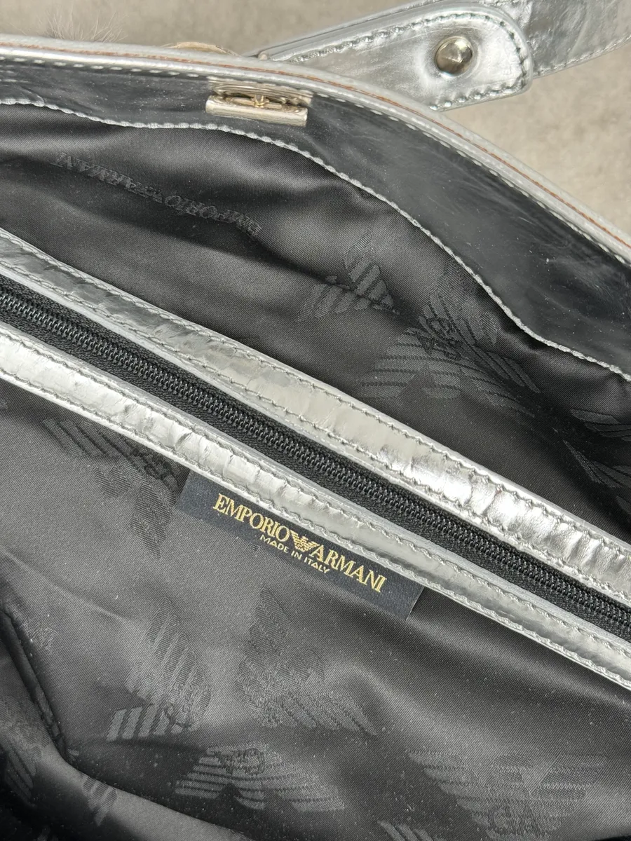 2000s Emporio Armani Silver Fur Leather Handle Bag - Image 5